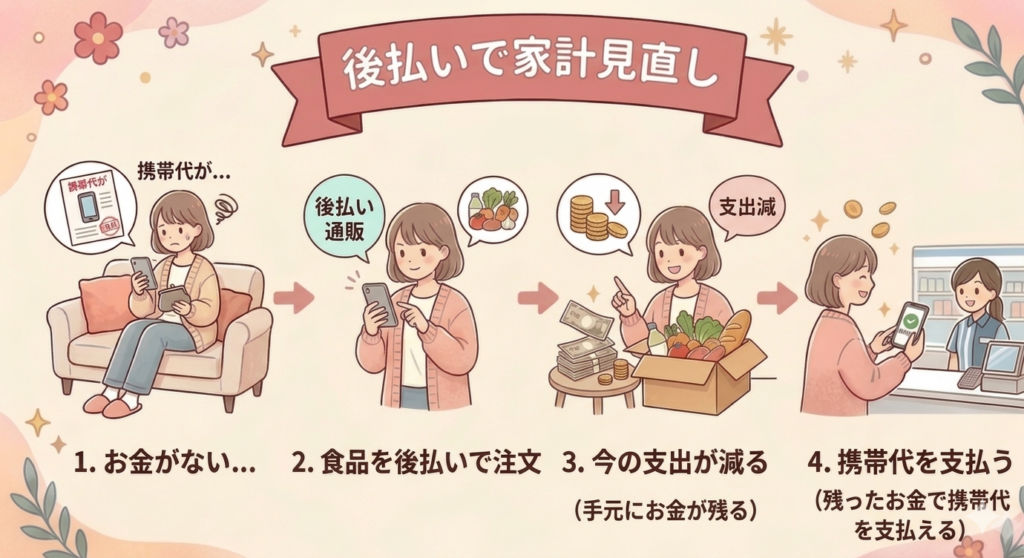 後払い通販で食品を購入して支出を抑え、携帯料金の支払いに回す家計見直しの流れを解説したイラスト