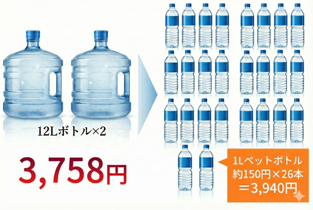 12Lウォーターサーバー用ボトル2本と、1Lペットボトル26本の価格比較を示す画像。12L×2本が3,758円、1Lペットボトル26本が約3,940円であることをわかりやすく比較している。