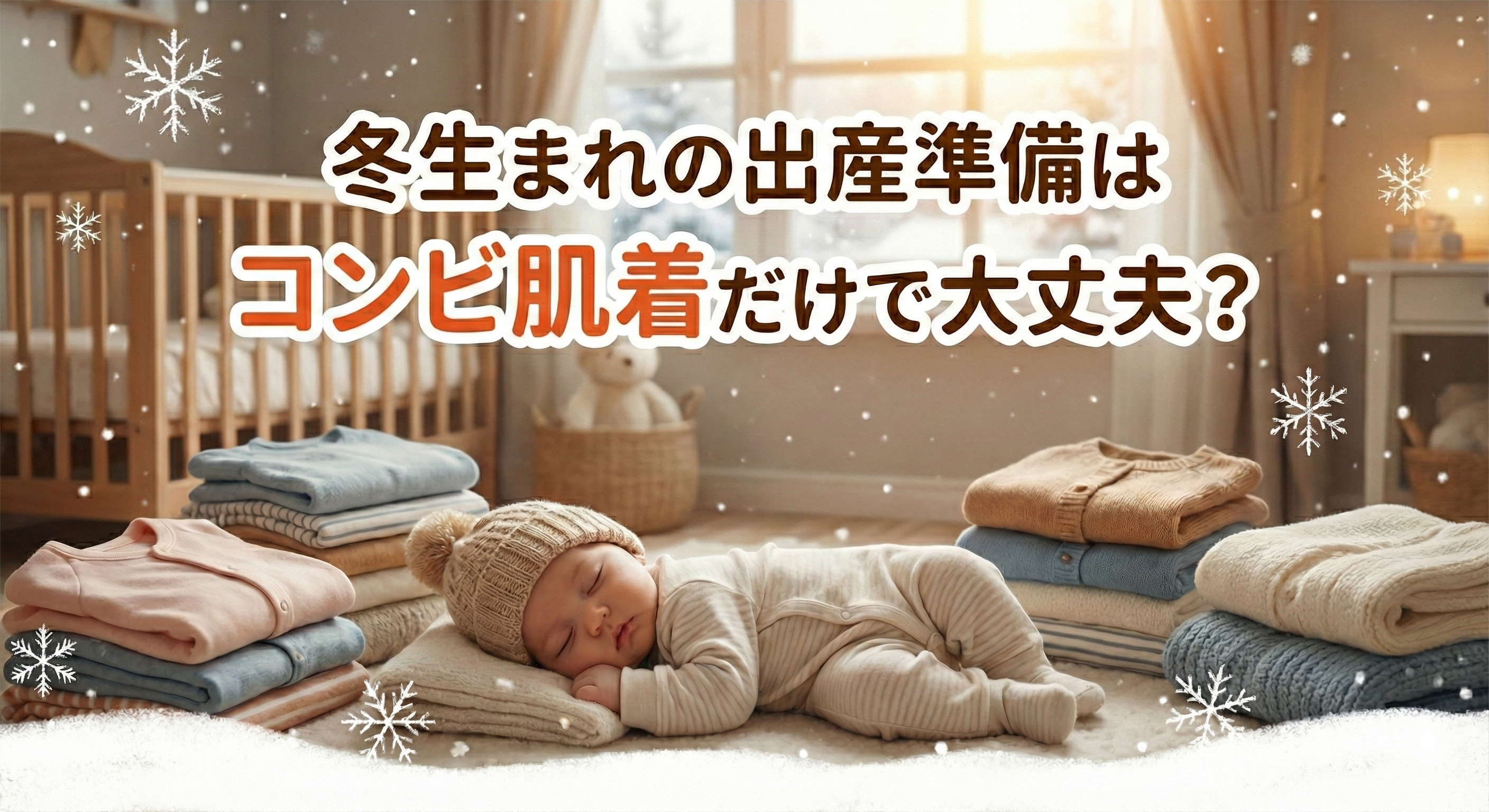冬生まれの赤ちゃんが毛糸の帽子をかぶって眠っている写真。背景にはベビーベッドと重ねられた肌着や冬用ベビー服があり、「冬生まれの出産準備はコンビ肌着だけで大丈夫？」というテキスト入り。