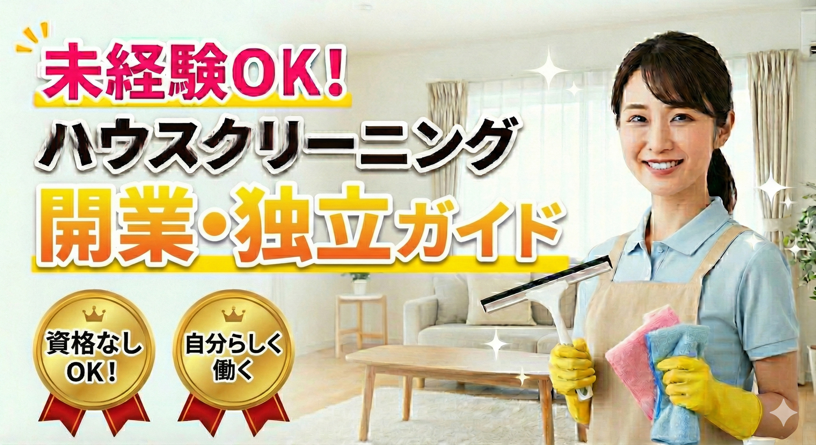 未経験から始められるハウスクリーニングの開業・独立ガイドを紹介する画像。清掃用品を持った女性が笑顔で立っており、「未経験OK」「資格なしで働ける」といった内容が強調されている。
