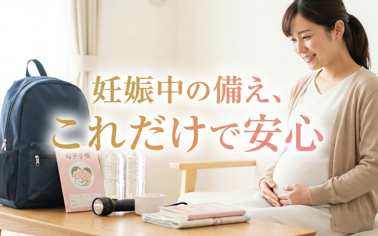 妊婦が防災グッズ（防災リュックや母子手帳）を確認して安心している様子のアイキャッチ画像。「妊娠中の備え、これだけで安心」のテキスト入り。
