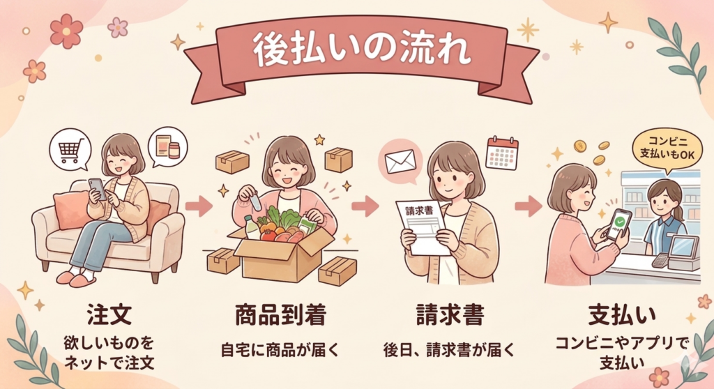 食品を通販サイトで後払い購入する時の注文から支払いまでの流れを説明している画像